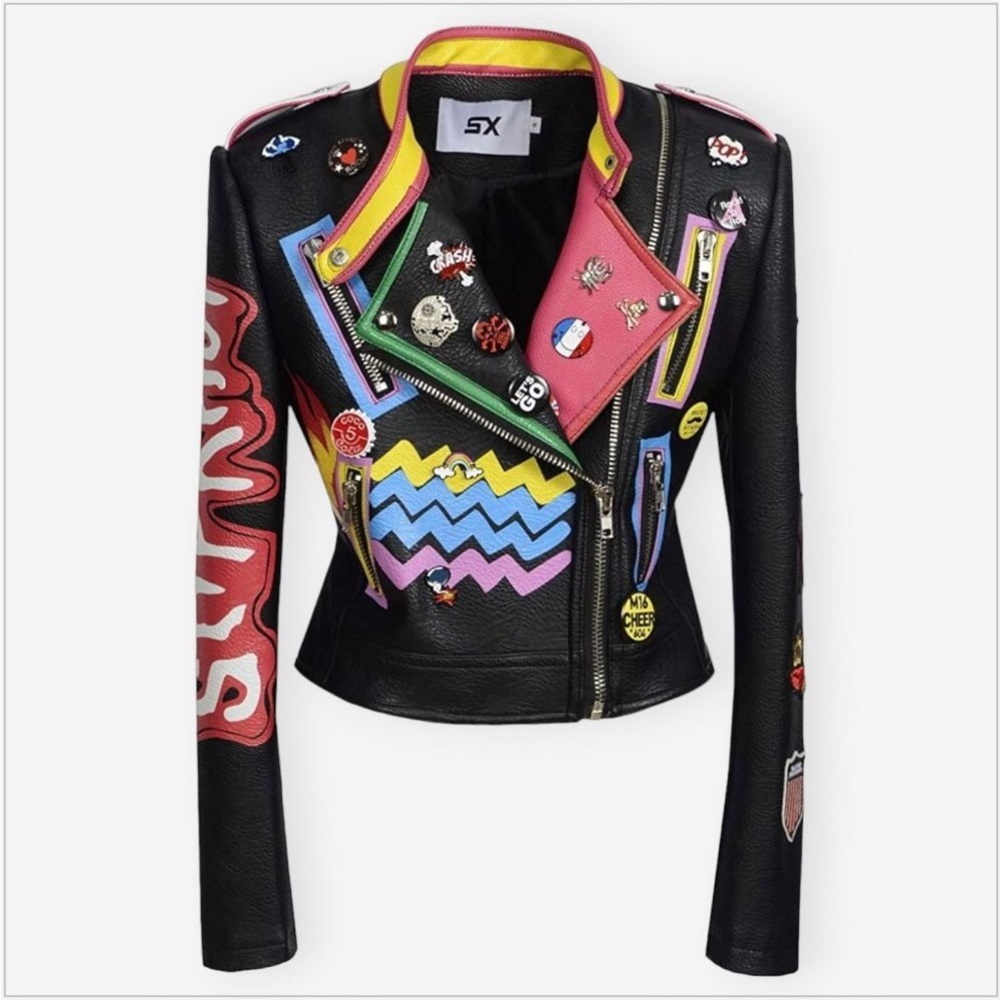 SX Honey Pot Black Faux Vegan Leather Jacket Slipknot Graffiti Punk Moto NWT XS - Picture 1 of 10